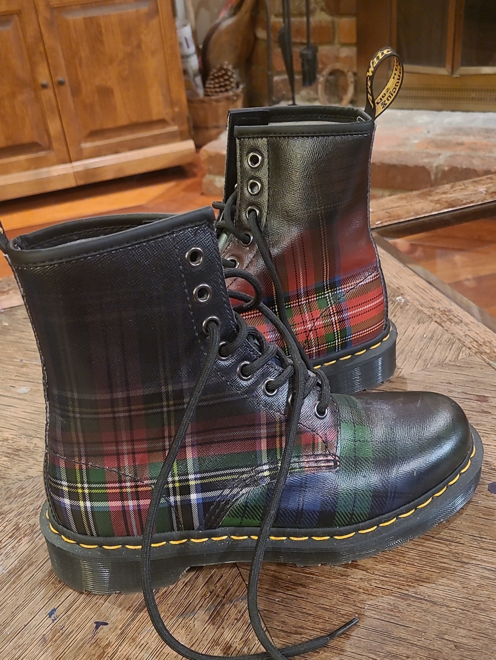 Dr. Martens Black Leather & Red/Green Tartan Lace-Up Boots
